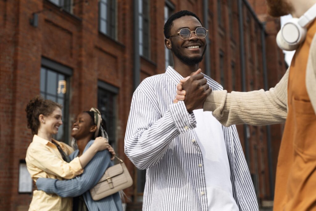 close up friends meeting