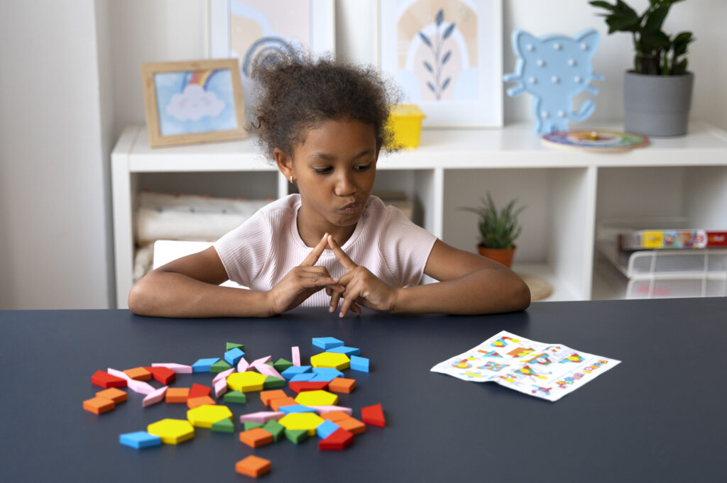 front view girl thinking with puzzle